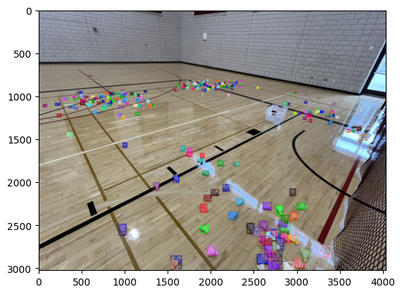 Segmentation masks over dozens of scattered shuttlecocks on a gym floor