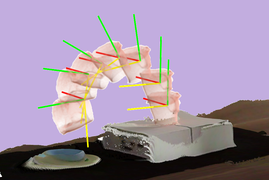 Reconstructed 3D object trajectory over a static background point cloud, used for collision-aware optimization